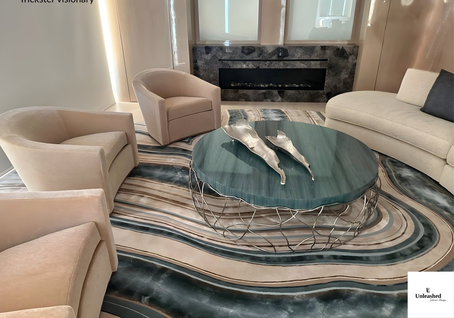 Sculptural living room with onyx fireplace and statement coffee table